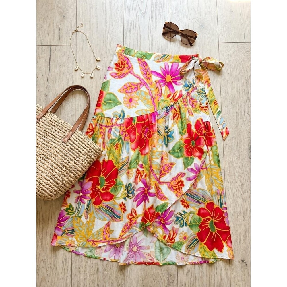 VINTAGE Cynthia Rowley Wrap Skirt Womens L Tropical High Low Ruffle Boho Rare - Picture 2 of 15